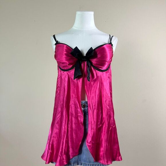 Scene Y2K Mcbling Satiny Pink and Black Bow Slip - Picture 1 of 3